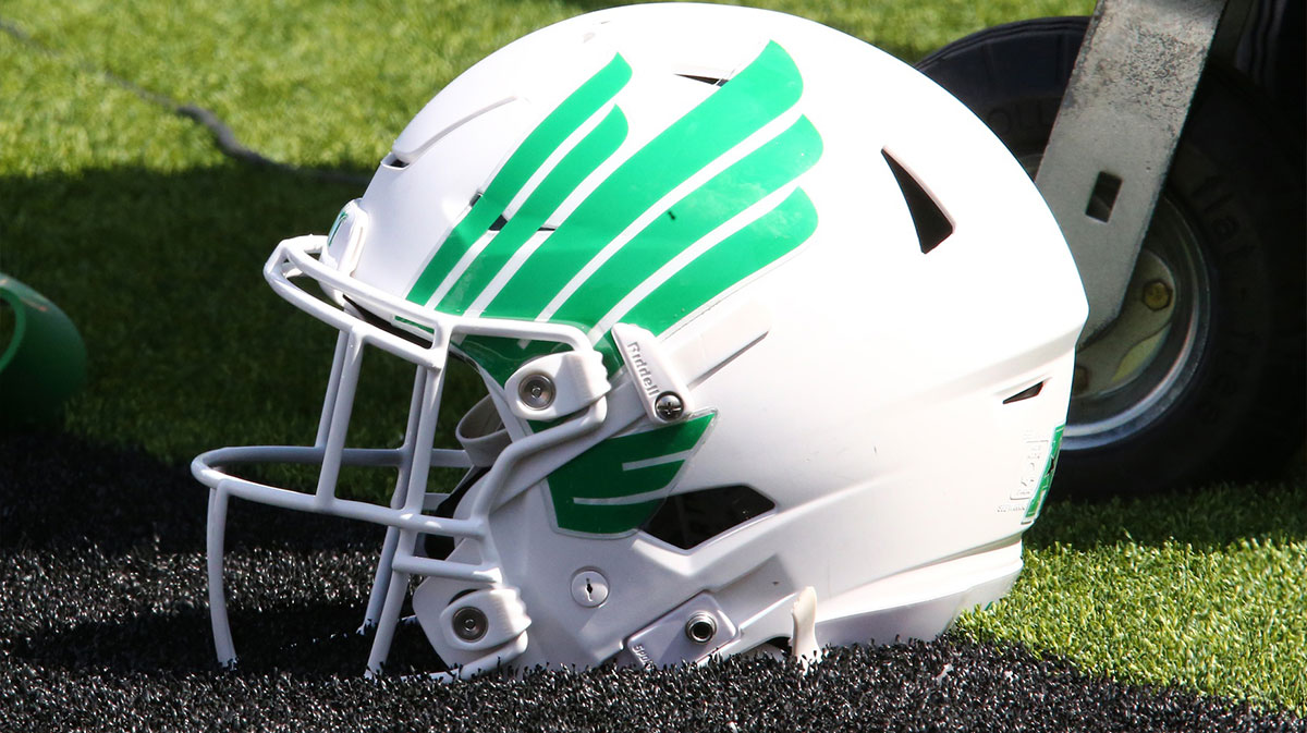 A North Texas Mean Green helmet on the turf in the first half during the game against the Texas Tech Red Raiders at Jones AT&T Stadium and Cody Campbell Field.