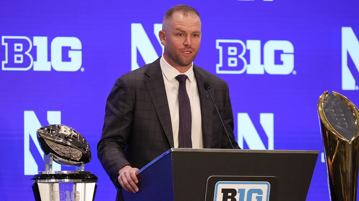 Northwestern head coach David Braun speaks to the media during the Big Ten NCAA college football media days at Mandalay Bay Resort.
