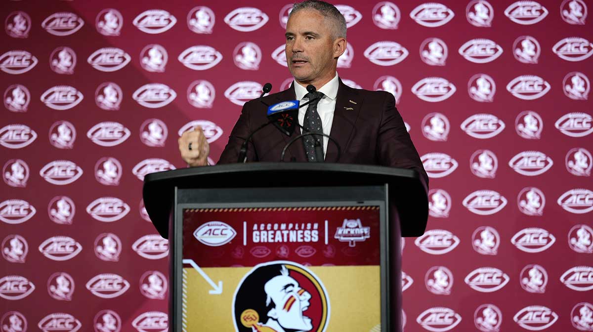 Florida State head coach Mike Norvell answers questions from the media during ACC Media days at Hilton Charlotte Uptown.