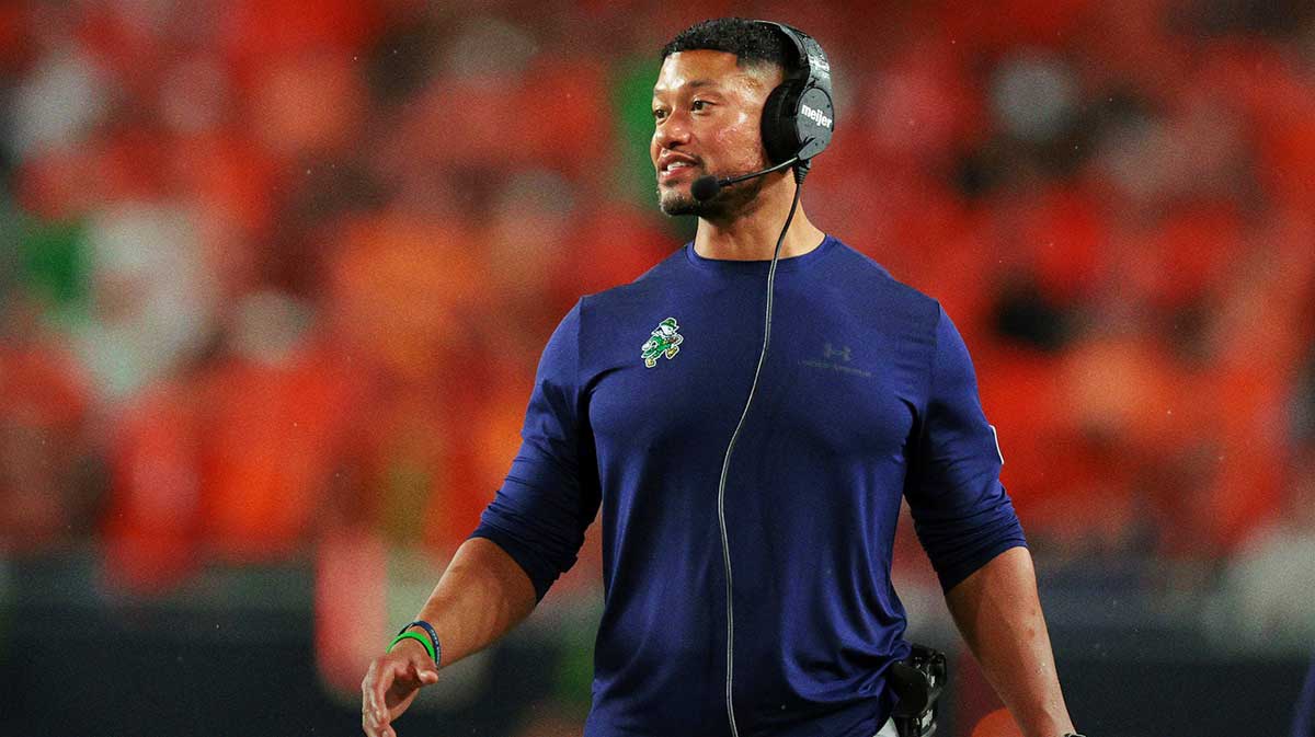 Notre Dame Fighting Irish head coach Marcus Freeman reacts during the second quarter at Hard Rock Stadium. 