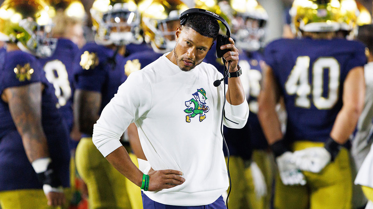 Notre Dame head coach Marcus Freeman looks on in the second half of a NCAA football game against Texas A&M.