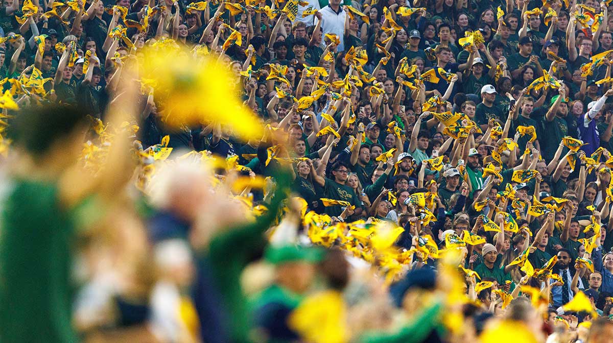 Notre Dame fans wave rally towels in the first half of a NCAA football game against Texas A&M.