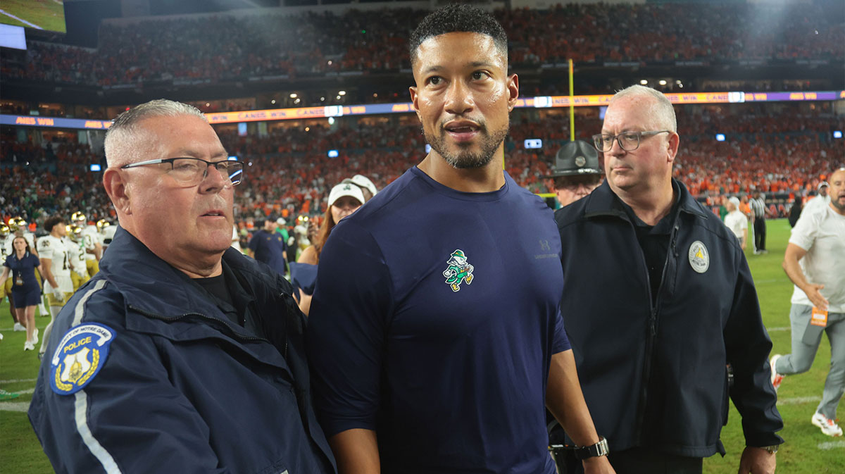 Notre Dame Fighting Irish head coach Marcus Freeman reacts after the game against the Miami Hurricanes at Hard Rock Stadium.