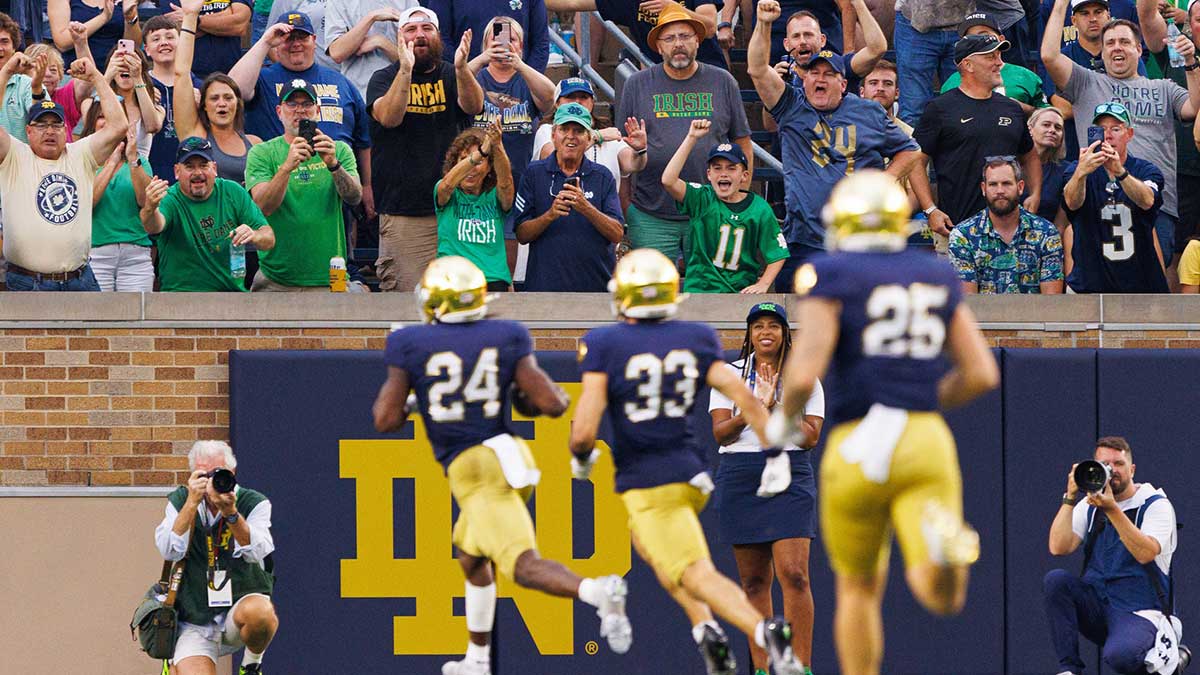 Fans celebrate after Notre Dame running back Jadarian Price (24) returned a kick-off for a touchdown during the first half of a NCAA football game against Purdue at Notre Dame.