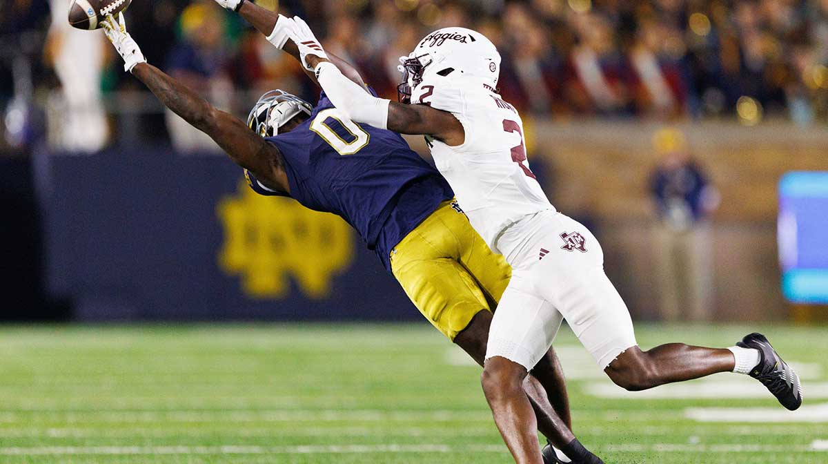 A pass intended for Notre Dame wide receiver Malachi Fields (0) flies past with Texas A&M cornerback Dezz Ricks (2).