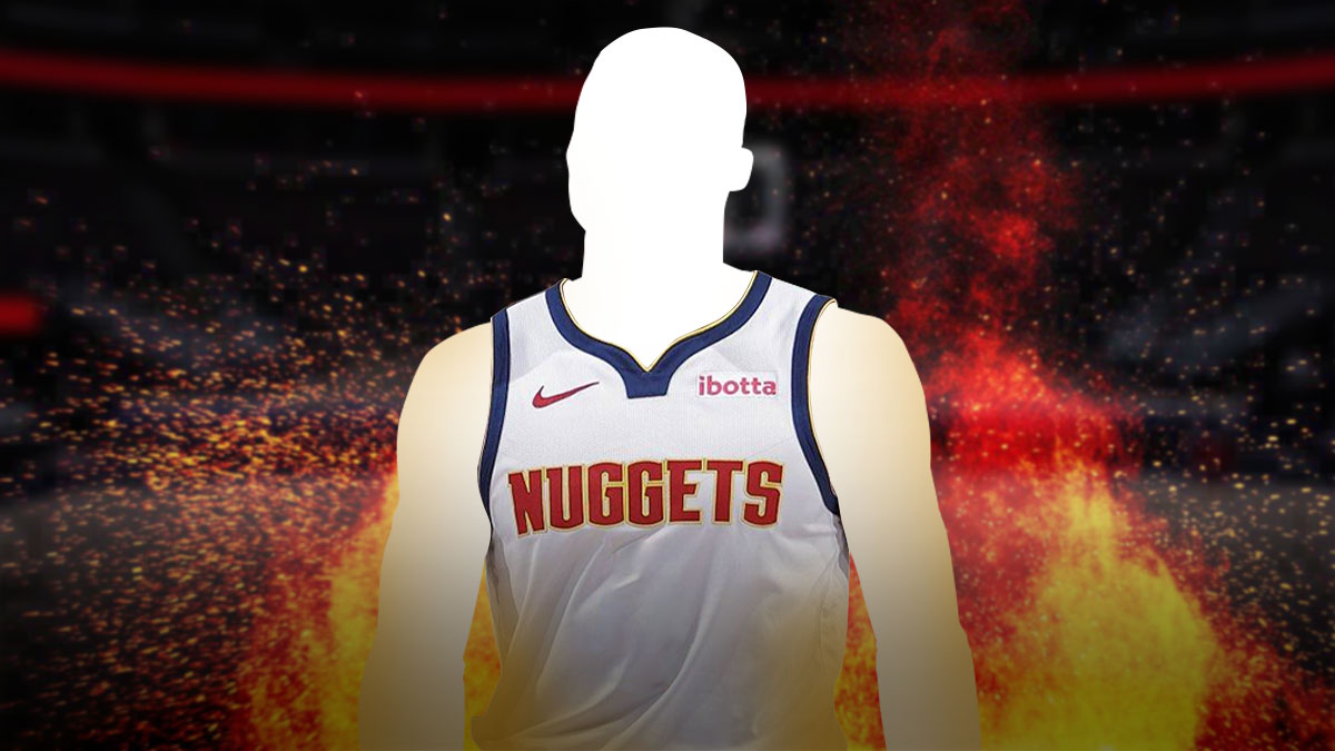 Mystery player in Denver Nuggets uniform in the middle, Explosions in the background