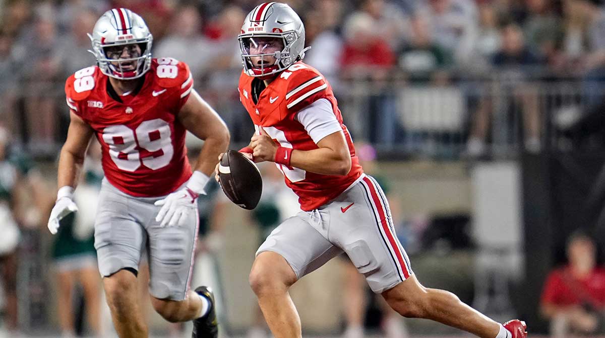 Ohio State Buckeyes quarterback Julian Sayin (10) scrambles in front of tight end Will Kacmarek (89) during the NCAA football game against the Ohio Bobcats at Ohio Stadium on Sept. 13, 2025. Ohio State won 37-9.