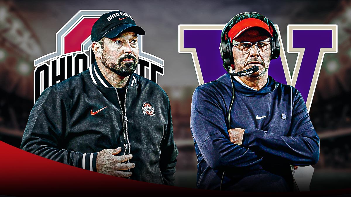 Ohio State HC Ryan Day with Ohio State Buckeyes logo behind him on the left. Washington HC Jedd Fisch with Washington Huskies logo behind him on the right. CFB Week 5