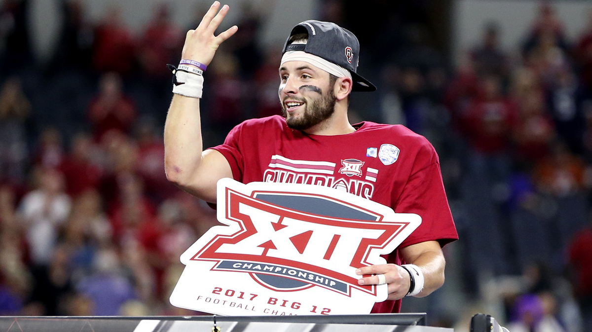 Dec 2, 2017; Arlington, TX, USA; Oklahoma Sooners quarterback Baker Mayfield (6) celebrates after the Big 12 Championship game against the TCU Horned Frogs at AT&T Stadium. Mandatory Credit: Kevin Jairaj-Imagn Images