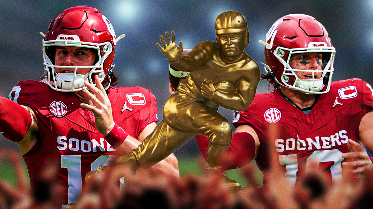Heisman Trophy in the middle with multiple pictures of Oklahoma QB John Mateer around it