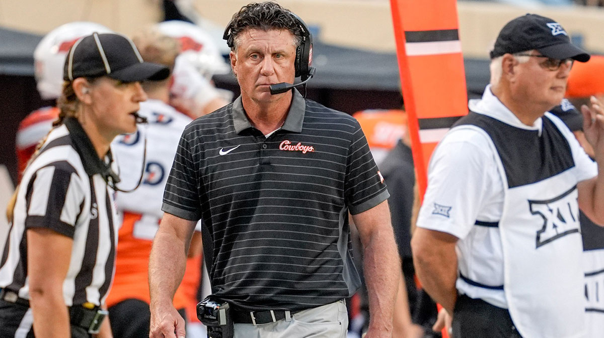 Oklahoma State head coach Mike Gundy walks the sidelines in the second quarter during an NCAA football game between Oklahoma State (OSU) and UT Martin in Stillwater, Okla.