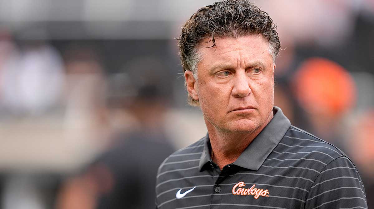 Oklahoma State Head coach Mike Gundy walks on the field before an NCAA football game between Oklahoma State (OSU) and UT Martin in Stillwater, Okla., on Thursday, Aug. 28, 2025.