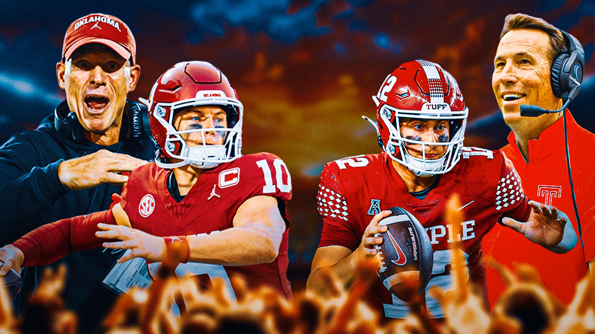 Brent Venables (in his Oklahoma gear) with John Matter on the left, KC Keeler (IN TEMPLE OWLS GEAR.) with Evan Simon on the right.