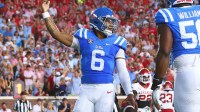 Sep 13, 2025; Oxford, Mississippi, USA; Mississippi Rebels quarterback Trinidad Chambliss (6) reacts after a touchdown run during the second quarter against the Arkansas Razorback at Vaught-Hemingway Stadium. Mandatory Credit: Petre Thomas-Imagn Images
