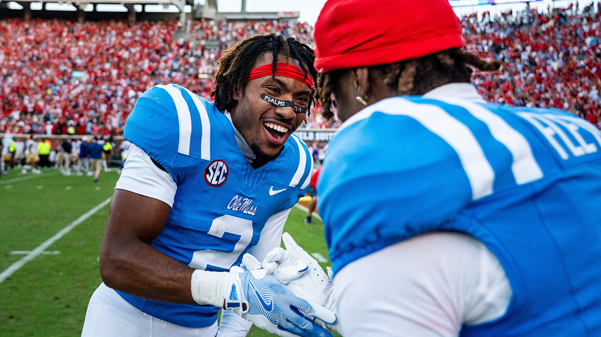 Ole Miss defensive back Jaylon Braxton (2) celebrates with defensive back Ricky Fletcher (9) after a college football game between Ole Miss and LSU at Vaught-Hemingway Stadium in Oxford, Miss., on Saturday, Sept. 27, 2025. Ole Miss defeated LSU 24-19.