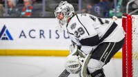 Ontario goalie Pheonix Copley watches the action from his spot in the goal during the first period of their game at Acrisure Arena in Palm Desert, Calif., Friday, Dec. 20, 2024.
