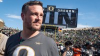 Oregon Ducks head coach Dan Lanning walks off the field as the Oregon Ducks host the Oregon State Beavers at Autzen Stadium in Eugene, Oregon.