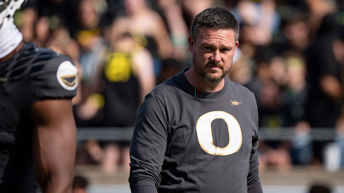 Oregon Ducks head coach Dan Lanning walks the field before the game as the Oregon Ducks host the Oregon State Beavers Sept. 20, 2025, at Autzen Stadium in Eugene, Oregon.