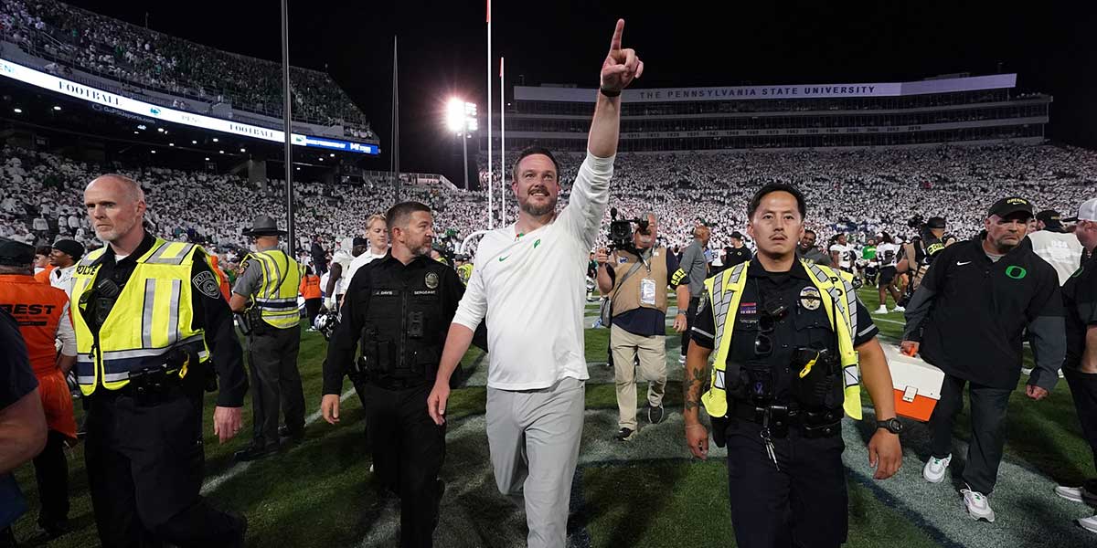 Oregon Ducks head coach Dan Lanning reacts after defeating the Penn State Nittany Lions at Beaver Stadium.