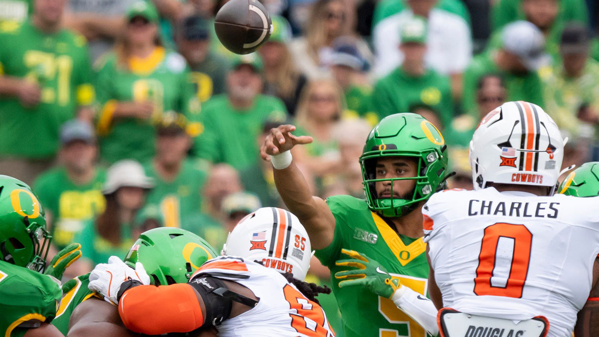 Oregon quarterback Dante Moore throws out a pass as the Oregon Ducks host the Oklahoma State Cowboys on Sept. 6, 2025, at Autzen Stadium in Eugene, Oregon.