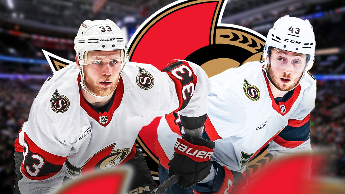 Tyler Kleven and Nikolas Matinpalo in front of the Senators logo.