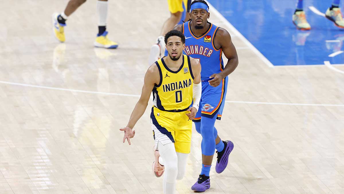 Pacers guard Tyrese Haliburton (0) reacts after against the Oklahoma City Thunder during the first half of game seven of the 2025 NBA Finals at Paycom Center