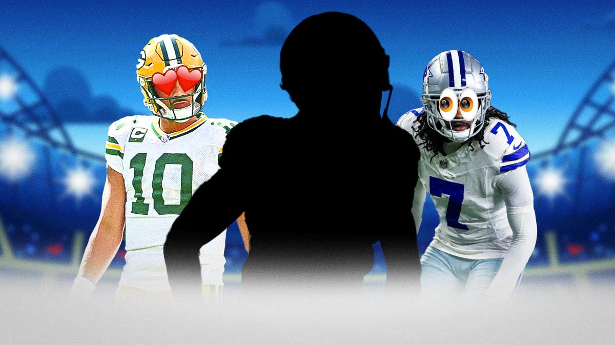 silhouette of Matthew Golden. Jordan Love with heart eyes, Trevon Diggs with worried eyes emoji