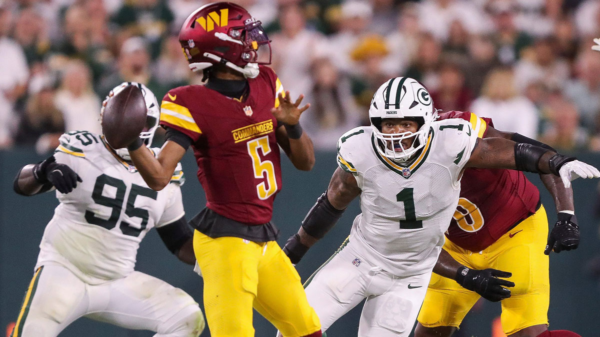 Green Bay Packers defensive end Micah Parsons (1) rushes Washington Commanders quarterback Jayden Daniels (5) on Thursday, September 11, 2025, at Lambeau Field in Green Bay, Wis