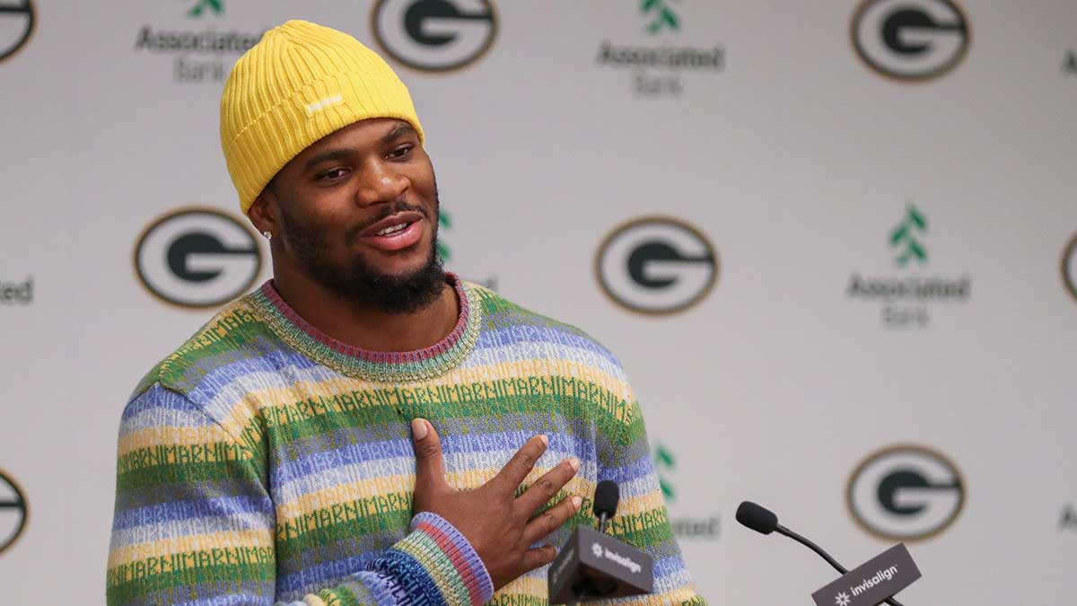 Packers edge rusher Micah Parsons speaks during an introductory press conference on Friday, August 29, 2025, at Lambeau Field in Green Bay, Wis. The Packers made a trade with the Dallas Cowboys on Aug. 28 to acquire Parsons in exchange for defensive tackle Kenny Clark and two first round picks with The Ringer's Bill Simmons and Luka Doncic in the background