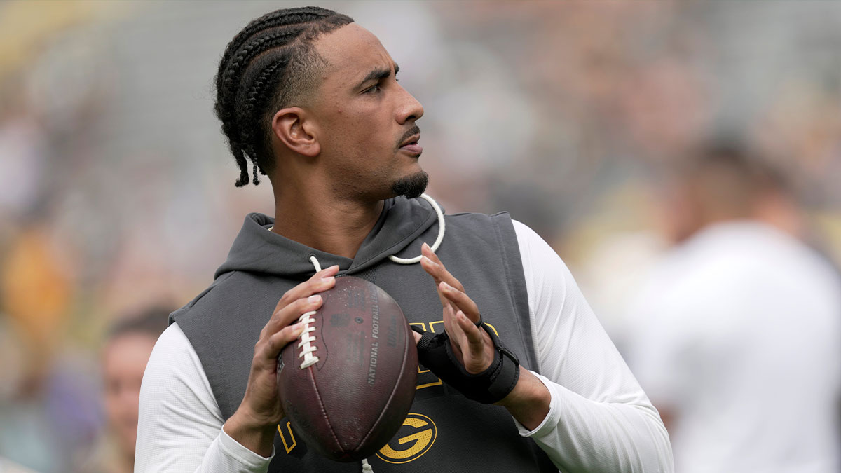 Packers quarterback Jordan Love is shown before their preseason game against there Seattle Seahawks Saturday, August 23, 2025 at Lambeau Field in Green Bay, Wisconsin. with the Lions logo in the background