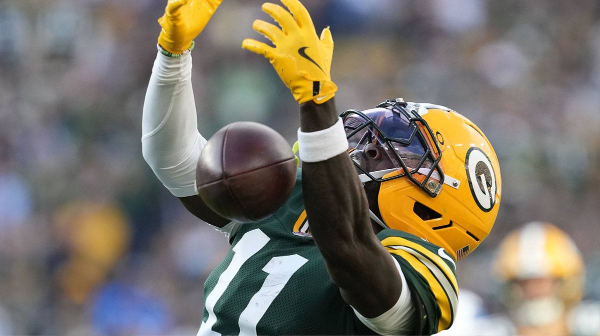 Packers wide receiver Jayden Reed (11) is unable to make a catch against the Detroit Lions at Lambeau Field
