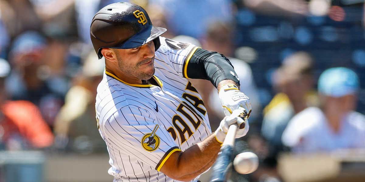 San Diego Padres left fielder Ramon Laureano (5) hits a single during the second inning against the Baltimore Orioles at Petco Park.
