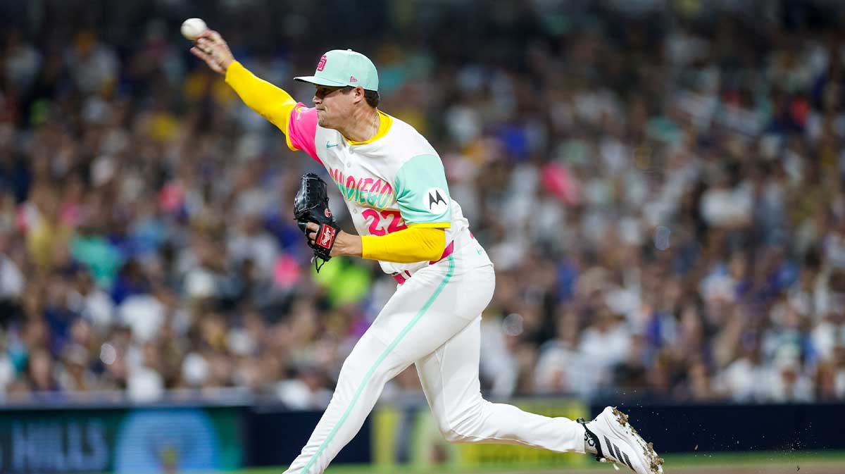 San Diego Padres relief pitcher Mason Miller (22) throws a pitch during the eighth inning against the Los Angeles Dodgers at Petco Park.