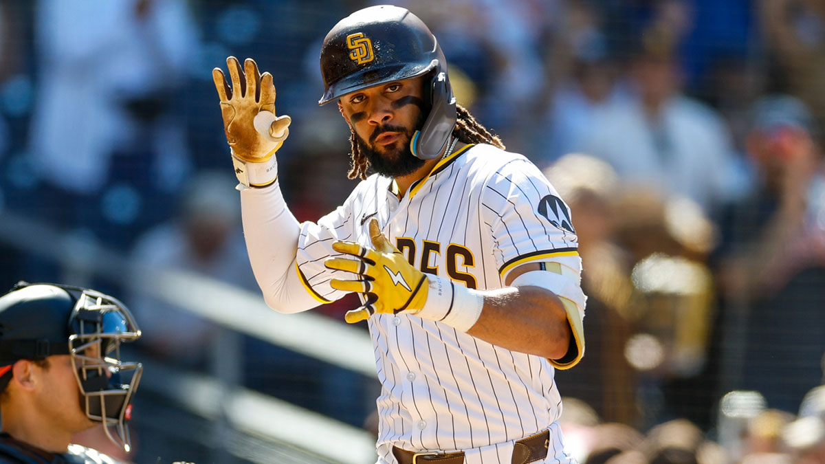 San Diego Padres right fielder Fernando Tatis Jr. (23) celebrates after hitting a one run home run during the seventh inning against the Baltimore Orioles at Petco Park.