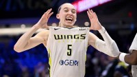 Dallas Wings guard Paige Bueckers (5) celebrates after the game against the Phoenix Mercury at College Park Center.