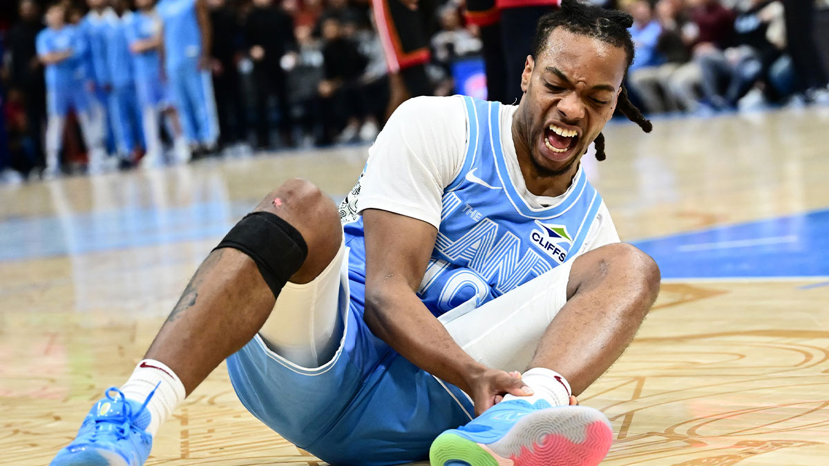 Cleveland Cavaliers guard Darius Garland (10) reacts after falling during a play in the second half against the Miami Heat at Rocket Arena.