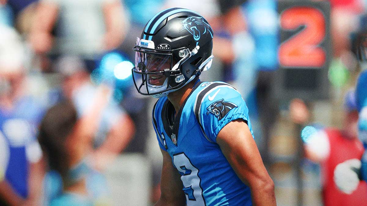 Carolina Panthers quarterback Bryce Young (9) reacts after running in for a touchdown during the first half between Carolina Panthers and the Atlanta Falcons at Bank of America Stadium.