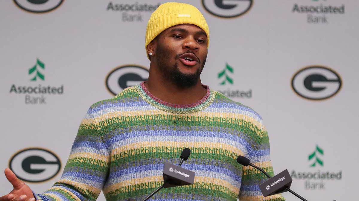 Green Bay Packers edge rusher Micah Parsons speaks during an introductory press conference on Friday, August 29, 2025, at Lambeau Field in Green Bay, Wis. The Packers made a trade with the Dallas Cowboys on Aug. 28 to acquire Parsons in exchange for defensive tackle Kenny Clark and two first round picks
