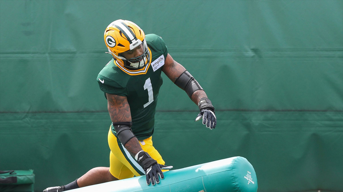 Green Bay Packers defensive end Micah Parsons (1) runs through a drill during practice on Wednesday, September 3, 2025, at Clarke Hinkle Field in Ashwaubenon, Wis.