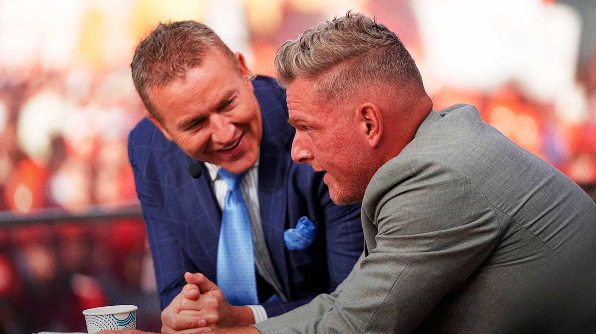 Pat McAfee, right, talks to Kirk Herbstreit on the set of ESPN College GameDay prior to the NCAA football game between the Ohio State Buckeyes and the Texas Longhorns.
