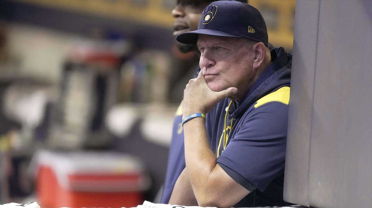 Sep 3, 2025; Milwaukee, Wisconsin, USA; Milwaukee Brewers manager Pat Murphy is shown during the first inning of their game against the Philadelphia Phillies at American Family Field.