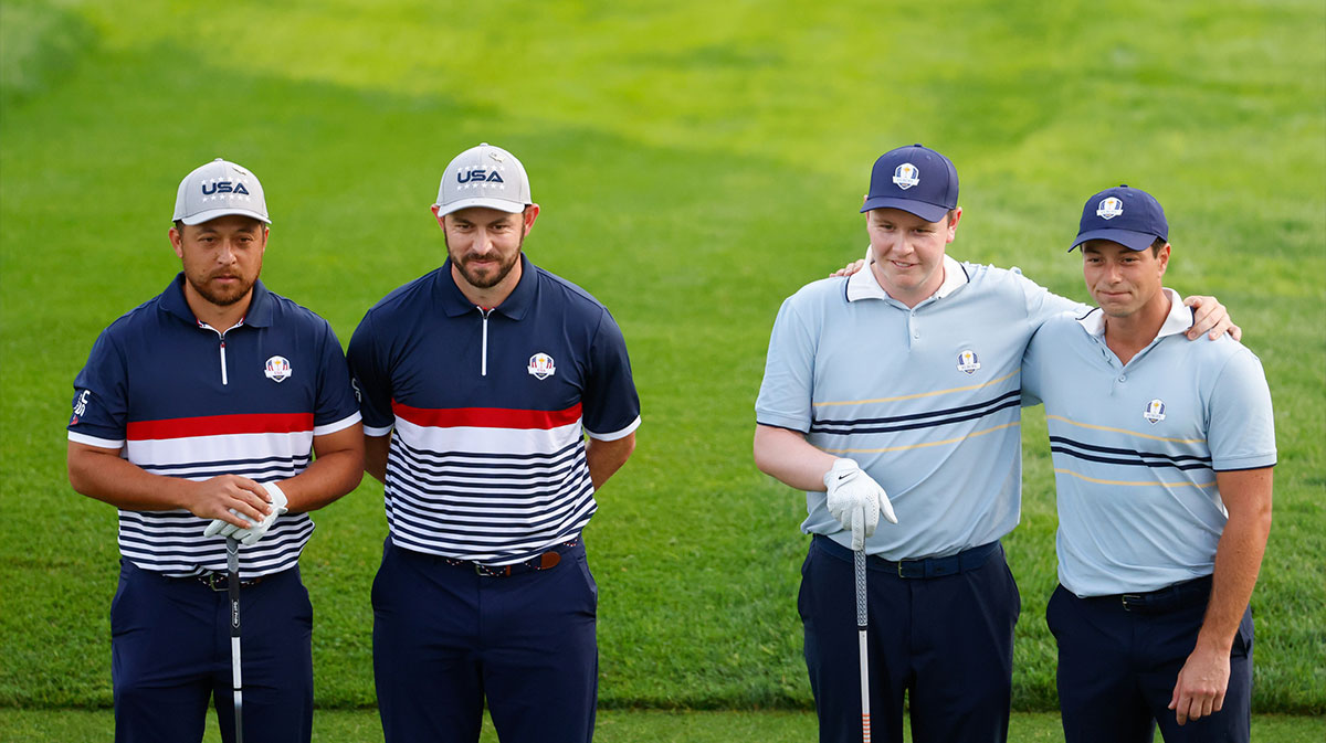 Team USA golfers Xander Schauffele and Patrick Cantlay pose for photos with Team Europe golfers Robert MacIntyre and Viktor Hovland on the first tee on the first day of competition for the Ryder Cup at Bethpage Black.