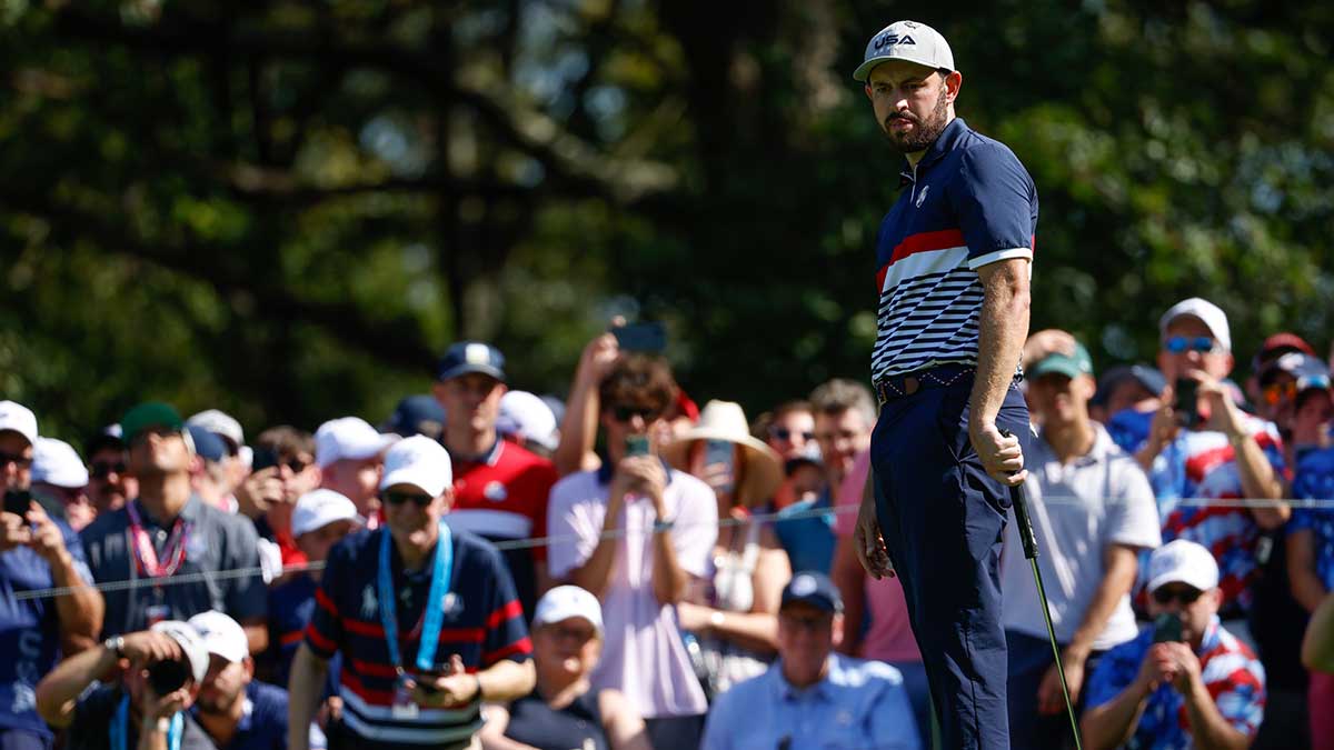 Team USA golfer Patrick Cantlay reacts to his putt on the third green on the first day of competition for the Ryder Cup at Bethpage Black. 