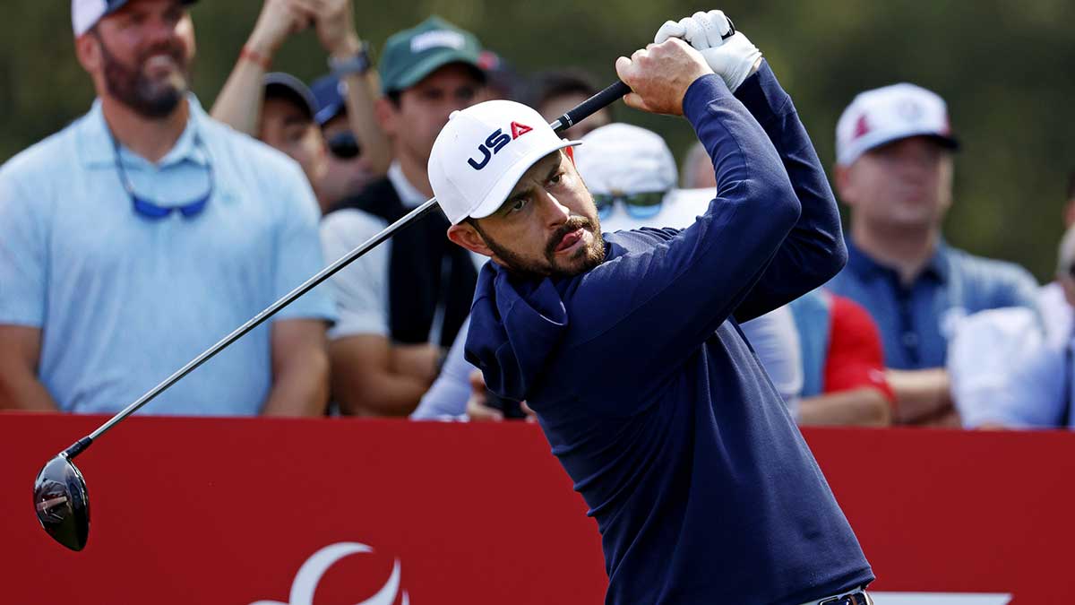Patrick Cantlay plays his shot from the 12th tee during a practice round of the Ryder Cup golf tournament at Bethpage Black