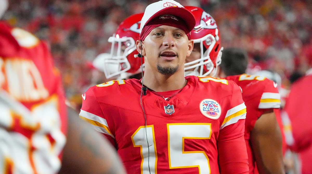 Kansas City Chiefs quarterback Patrick Mahomes (15) on the sidelines against the Chicago Bears during the first half of the game at GEHA Field at Arrowhead Stadium.