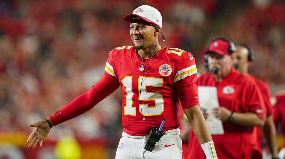 Kansas City Chiefs quarterback Patrick Mahomes (15) reacts after a touchdown during the second half against the Chicago Bears at GEHA Field