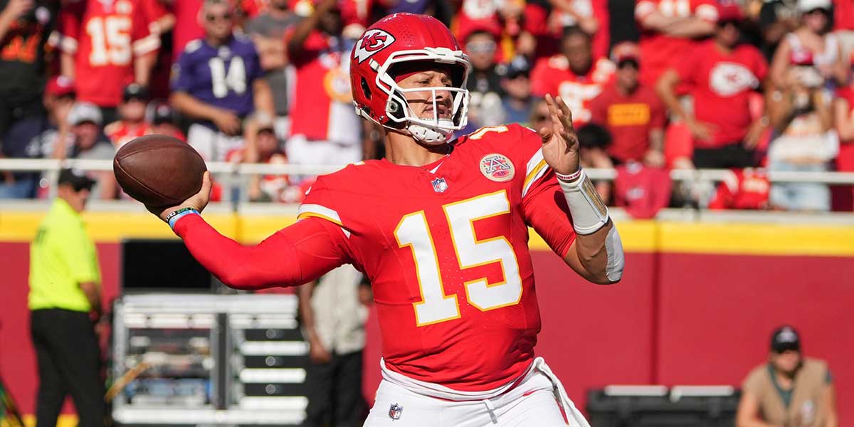 Kansas City Chiefs quarterback Patrick Mahomes (15) throws a pass during the first quarter against the Baltimore Ravens at GEHA Field at Arrowhead Stadium.