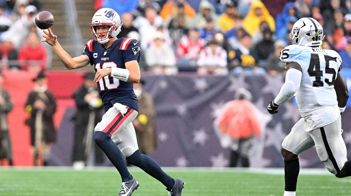 New England Patriots quarterback Drake Maye (10) throws pass against the Las Vegas Raiders during the second half at Gillette Stadium.