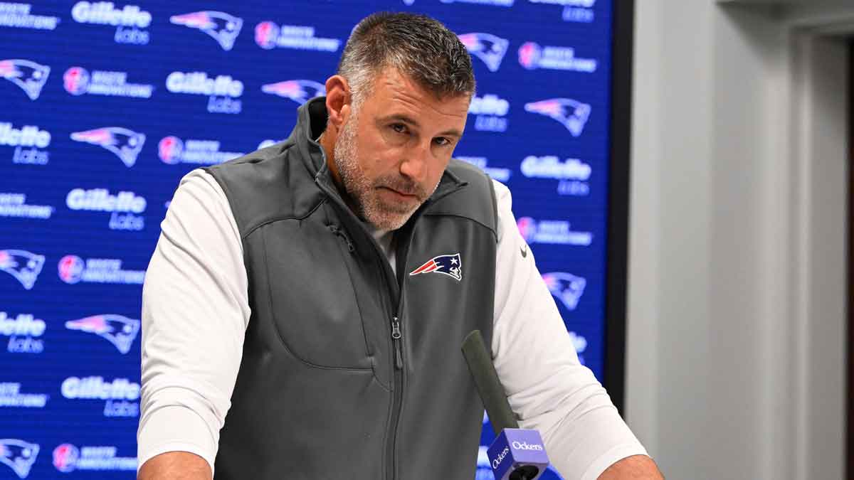 New England Patriots head coach Mike Vrabel speaks the to media during a press conference at Gillette Stadium.
