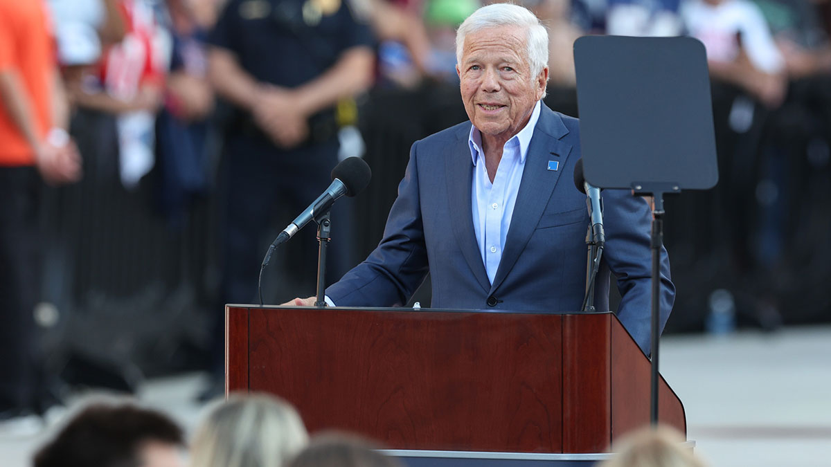 Patriots Owner Robert Kraft speaks during a statue unveiling of New England Patriot Hall of Famer Tom Brady before a game against the Washington Commanders